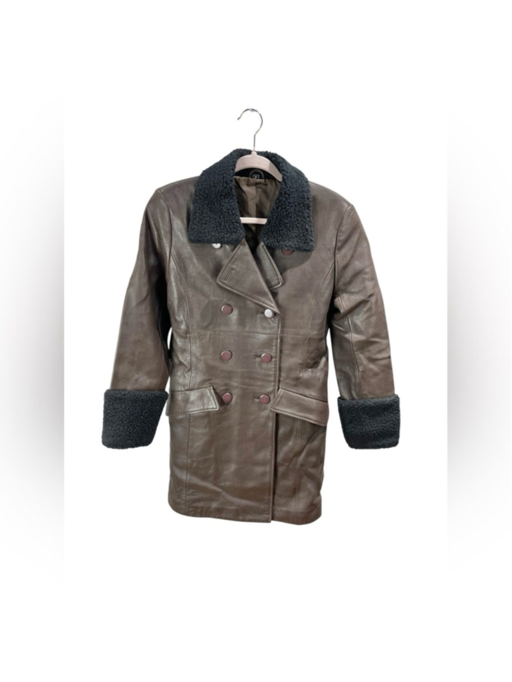 90s Vintage Toyko Fur Dark Brown Genuine Leather and Shearling Trim Peacoat S - Picture 2 of 10